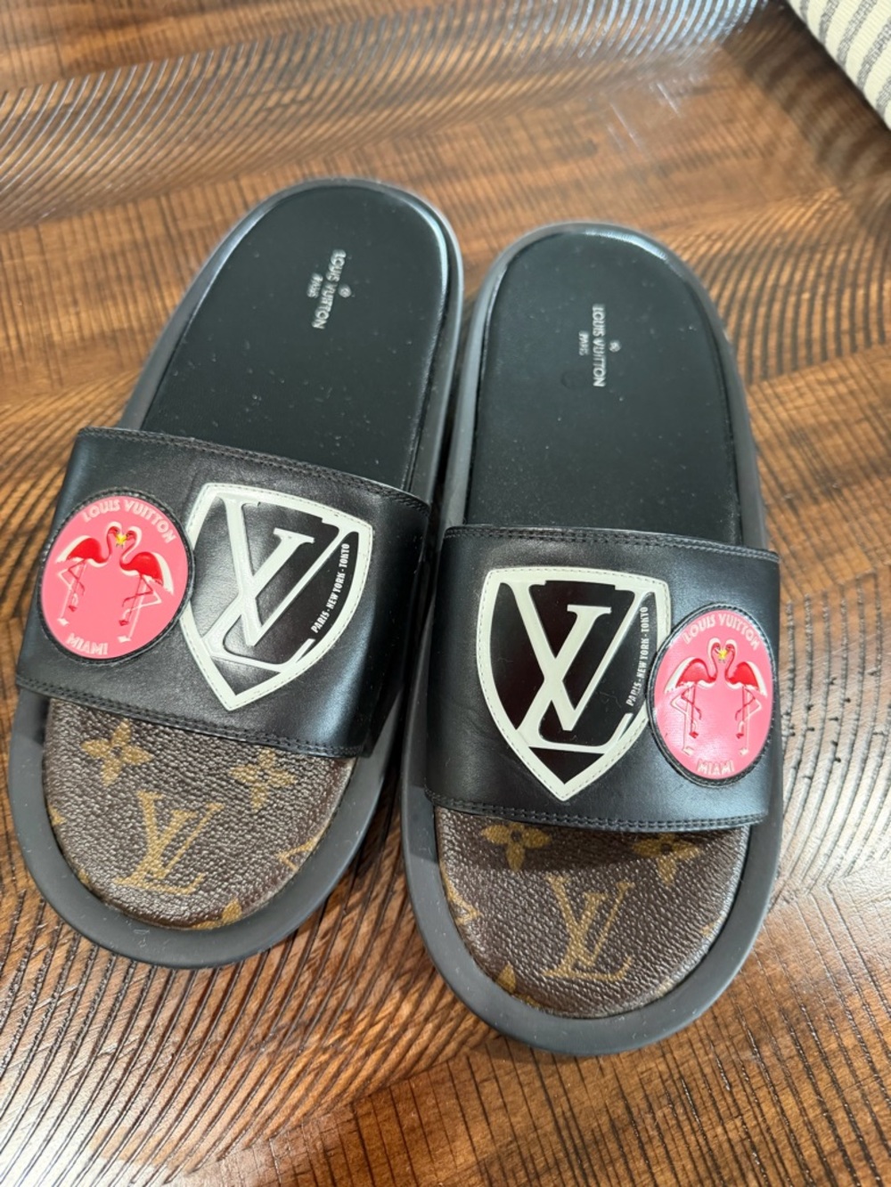 Louis Vuitton Black Monogram Slide Sandals with Pink Flamingo Badges
